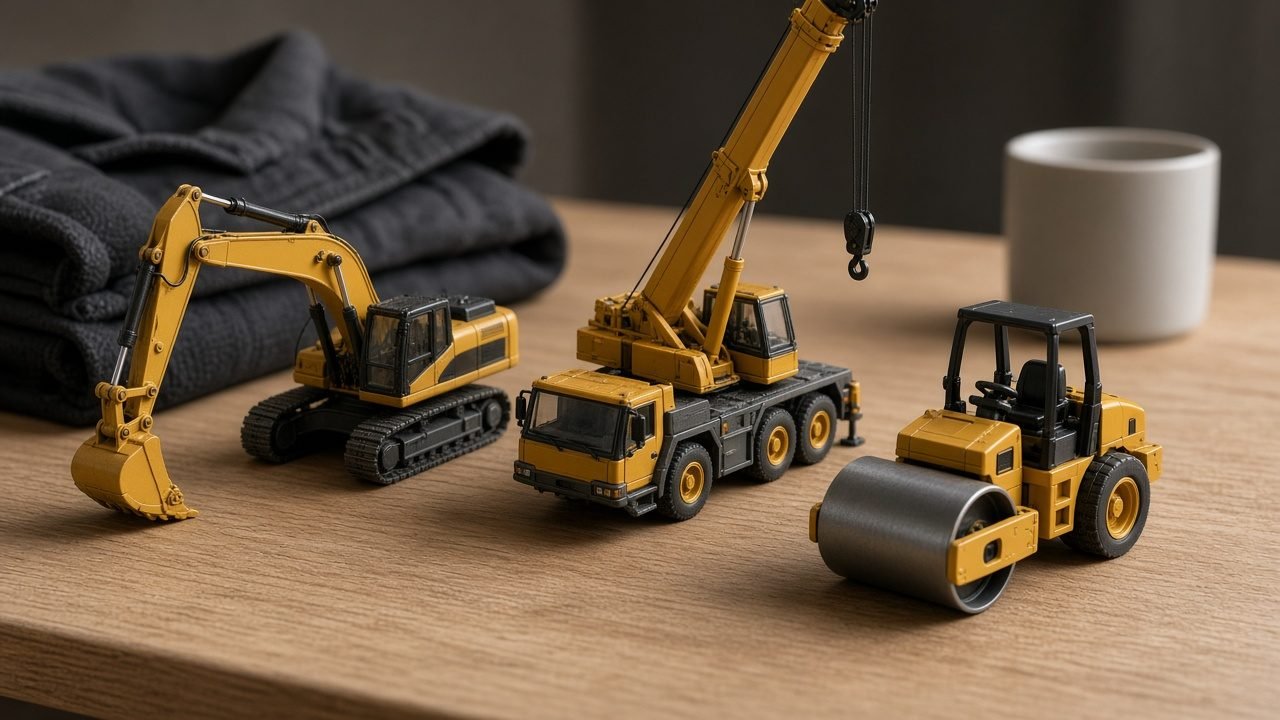 Die-cast excavator, crane and road roller on a wooden table