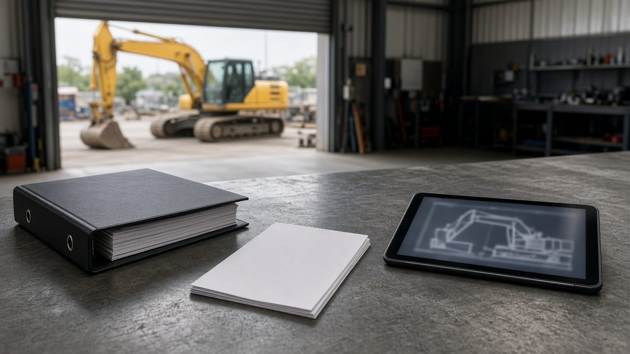 An equipment binder and a machine drawing on a workshop bench
