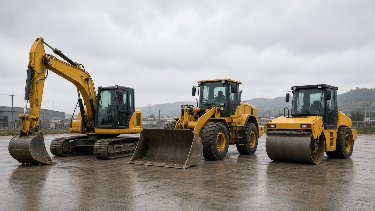 An excavator, a wheel loader and a road roller lined up in a yard