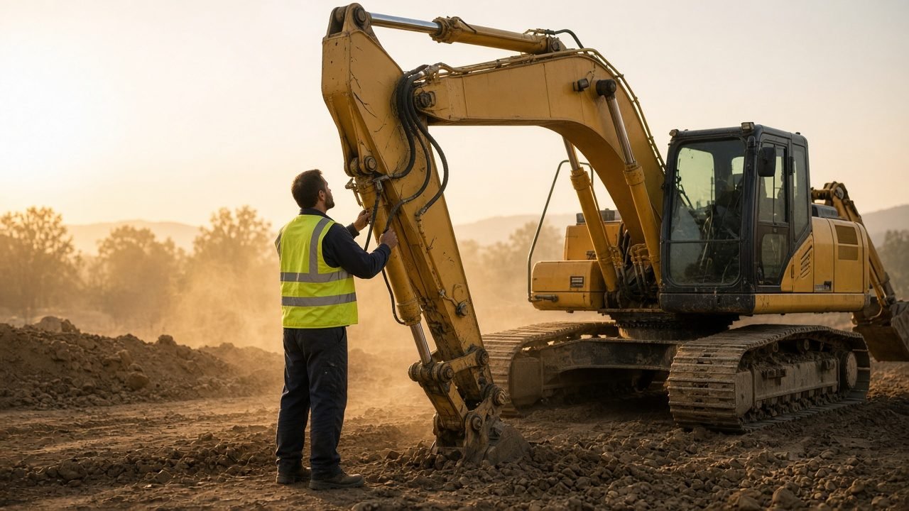 A technician checking the hydraulic hoses on a yellow excavator