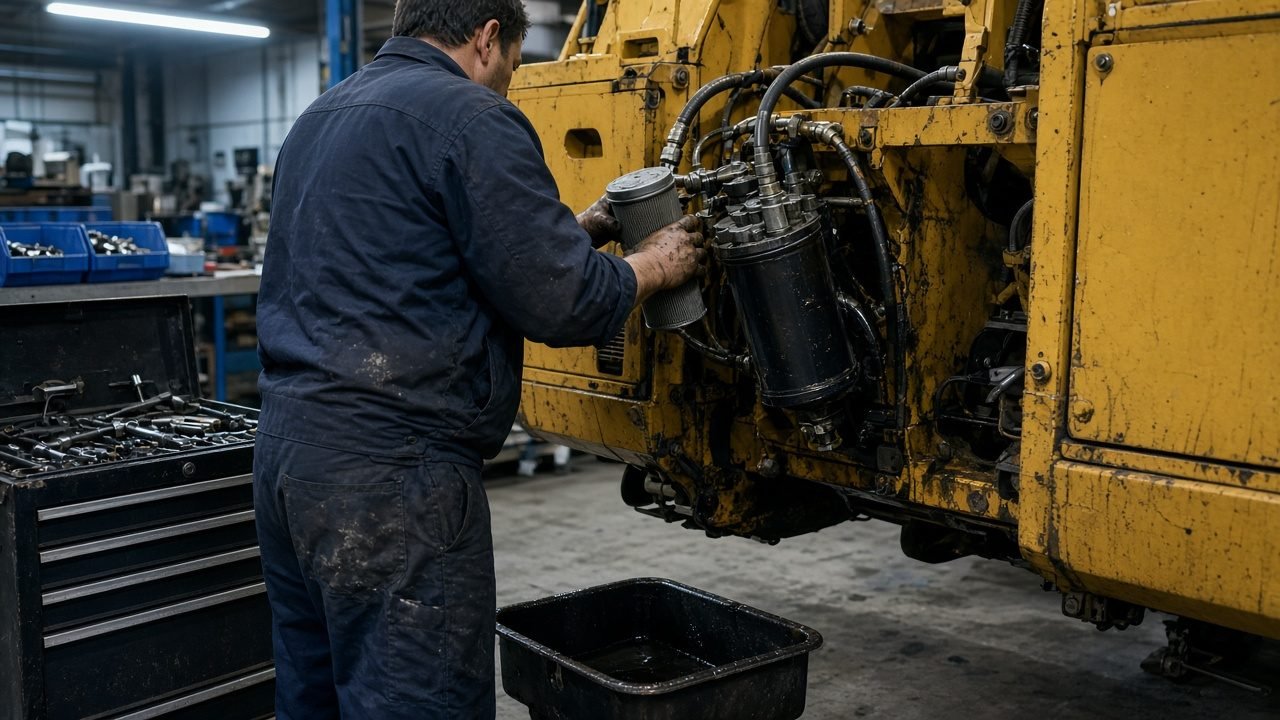 A mechanic changing a hydraulic filter on a yellow excavator