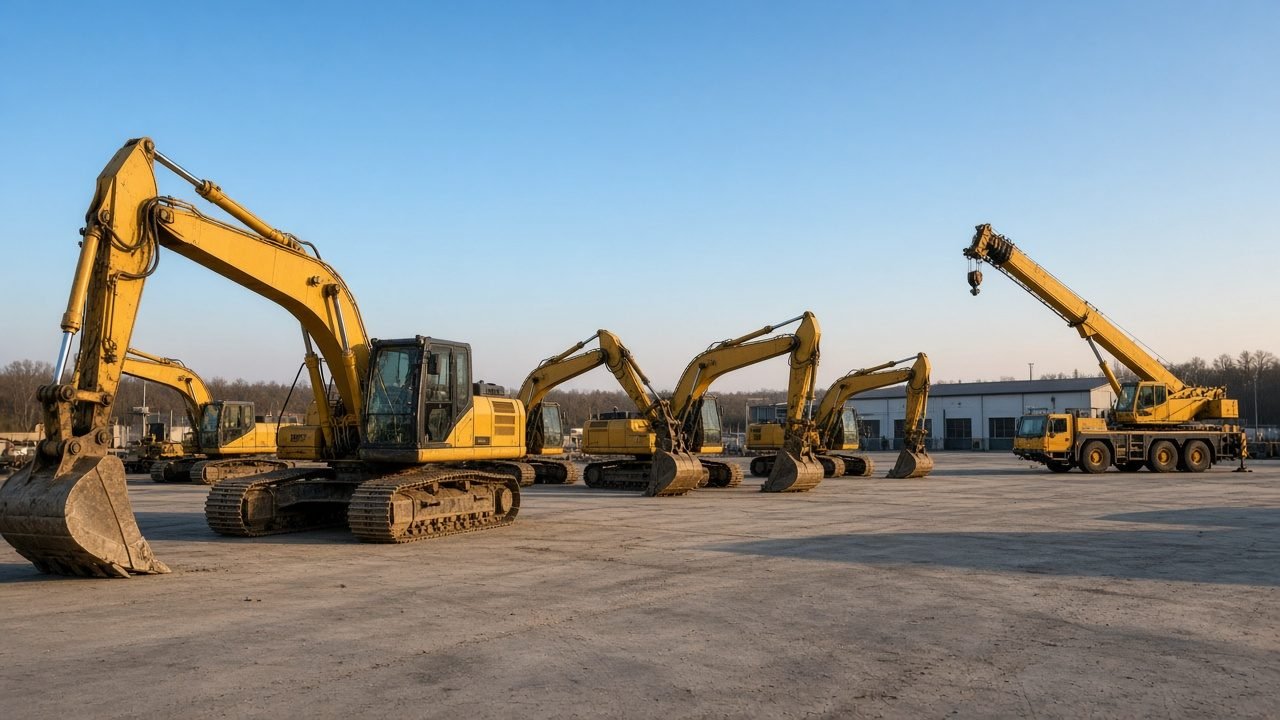 Yellow excavators and a mobile crane parked in an equipment yard