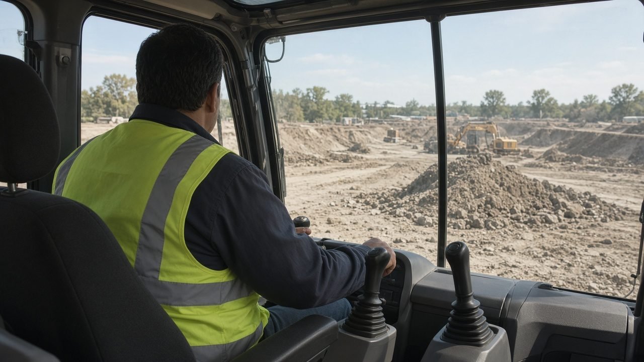 An operator at the joysticks, looking out over a construction site